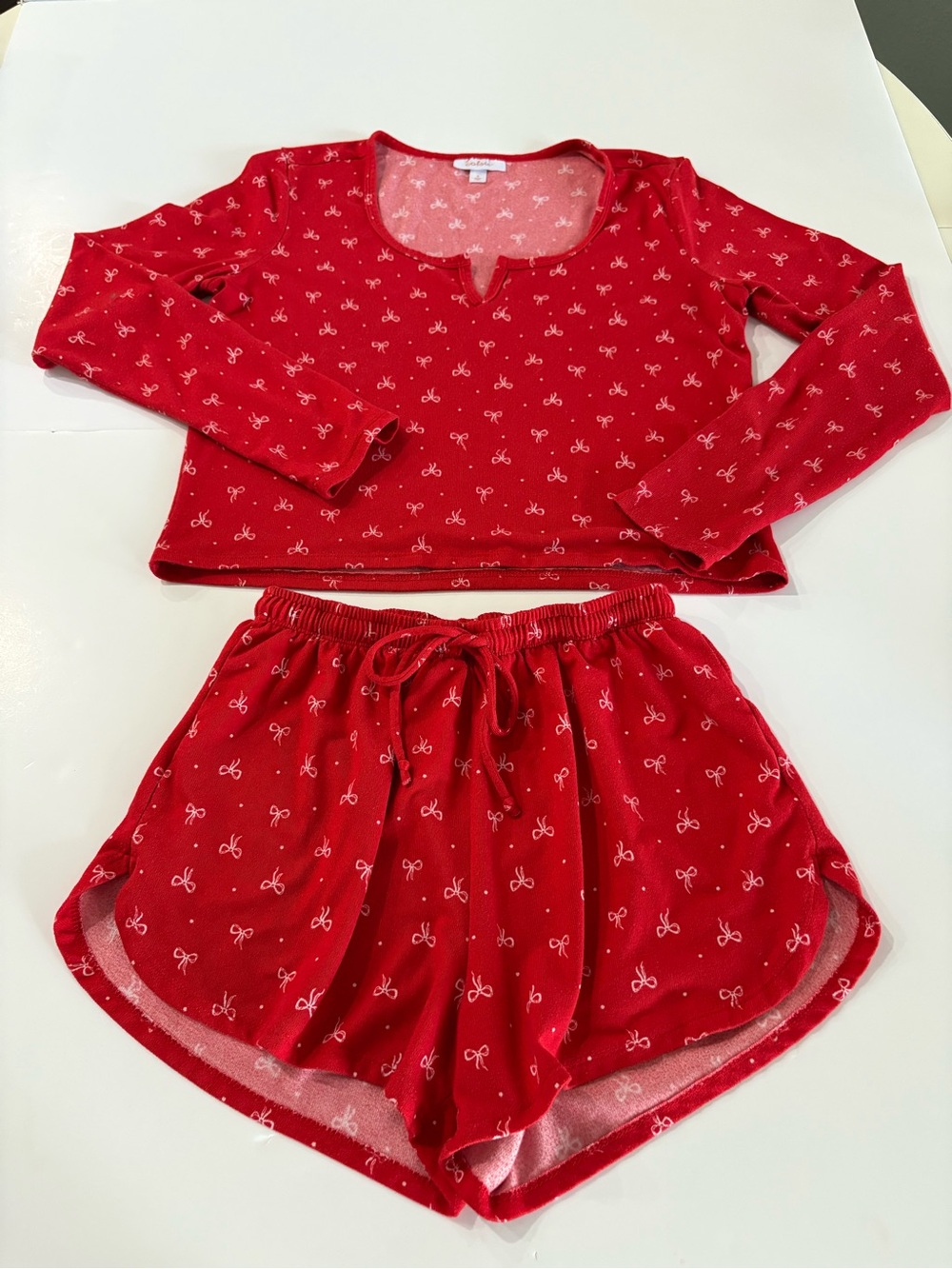 Colsie for Target Red With White Bow Print LS Top & Drawstring Shorts Sleep Set